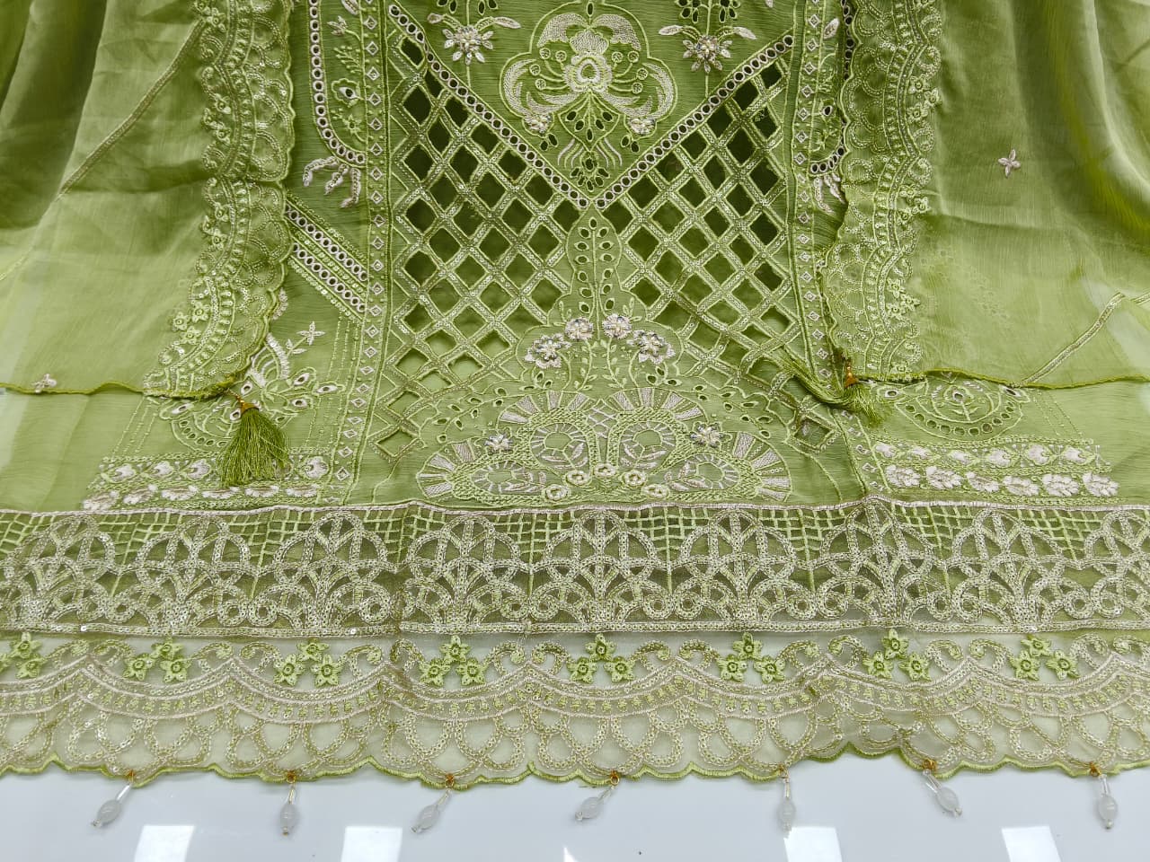 Women's Semi-Stitched Chiffon Suit Catalog Set in Assorted Colors with Heavy Embroidery and Cutwork