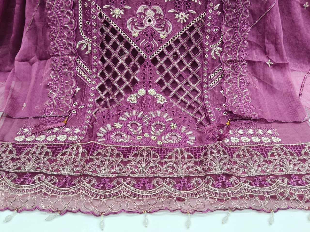Women's Semi-Stitched Chiffon Suit Catalog Set in Assorted Colors with Heavy Embroidery and Cutwork