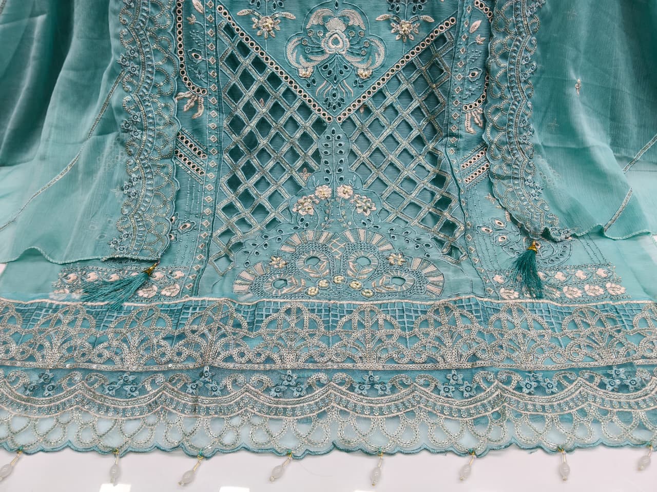 Women's Semi-Stitched Chiffon Suit Catalog Set in Assorted Colors with Heavy Embroidery and Cutwork
