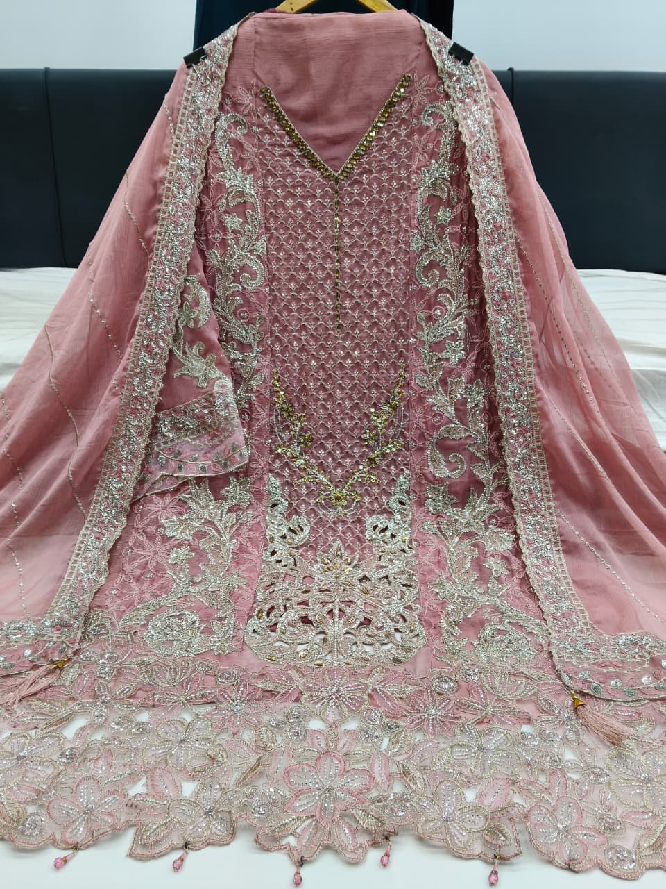 Women's Semi-Stitched Chiffon Pakistani Suit Catalog Set in Assorted Colors with Heavy Embroidery and Laser Cutwork