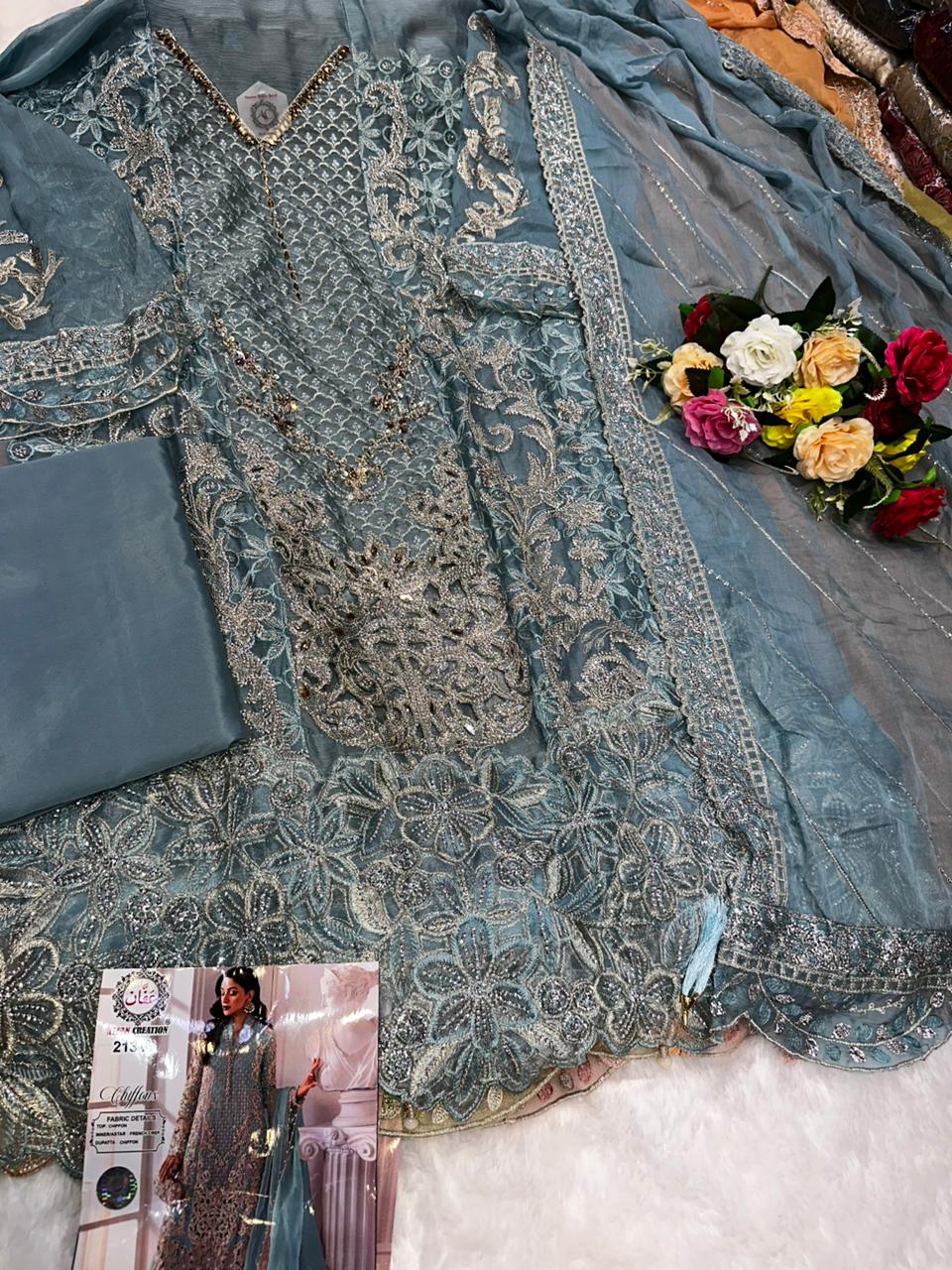 Women's Semi-Stitched Chiffon Pakistani Suit Catalog Set in Assorted Colors with Heavy Embroidery and Laser Cutwork