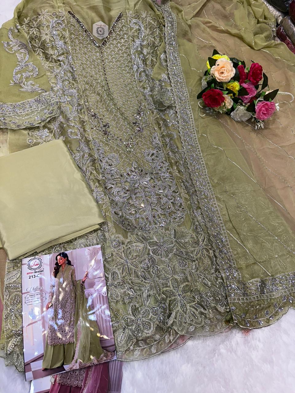 Women's Semi-Stitched Chiffon Pakistani Suit Catalog Set in Assorted Colors with Heavy Embroidery and Laser Cutwork
