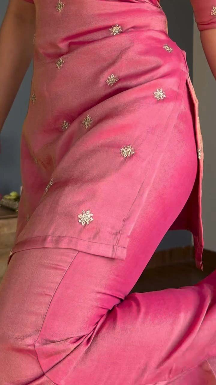 Women's Kurta Pant Set in Pink Pure Vichitra Silk with Sequin Embroidery and Chinon Lace Dupatta - Festive Wear