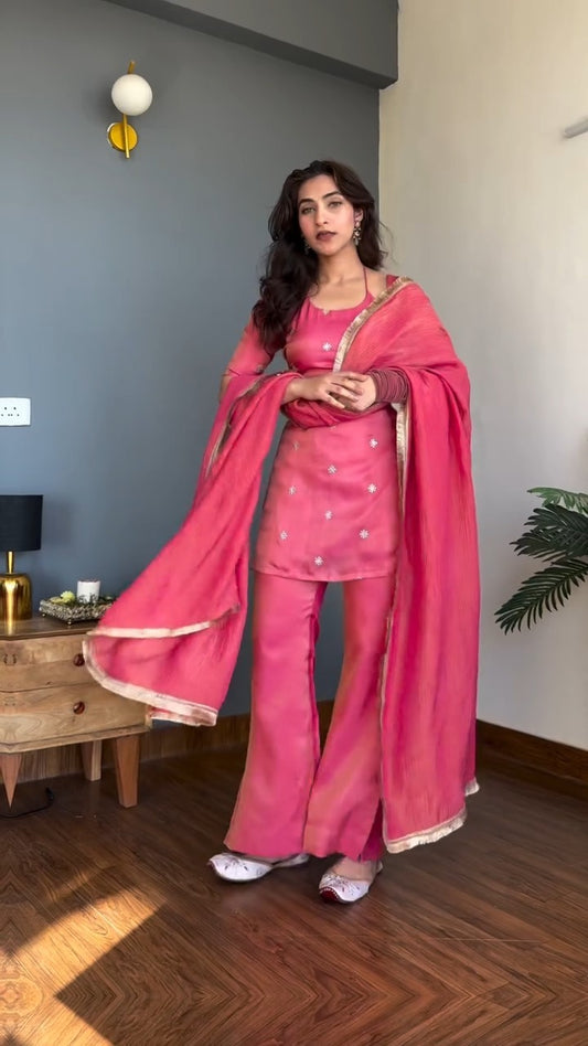 Women's Kurta Pant Set in Pink Pure Vichitra Silk with Sequin Embroidery and Chinon Lace Dupatta