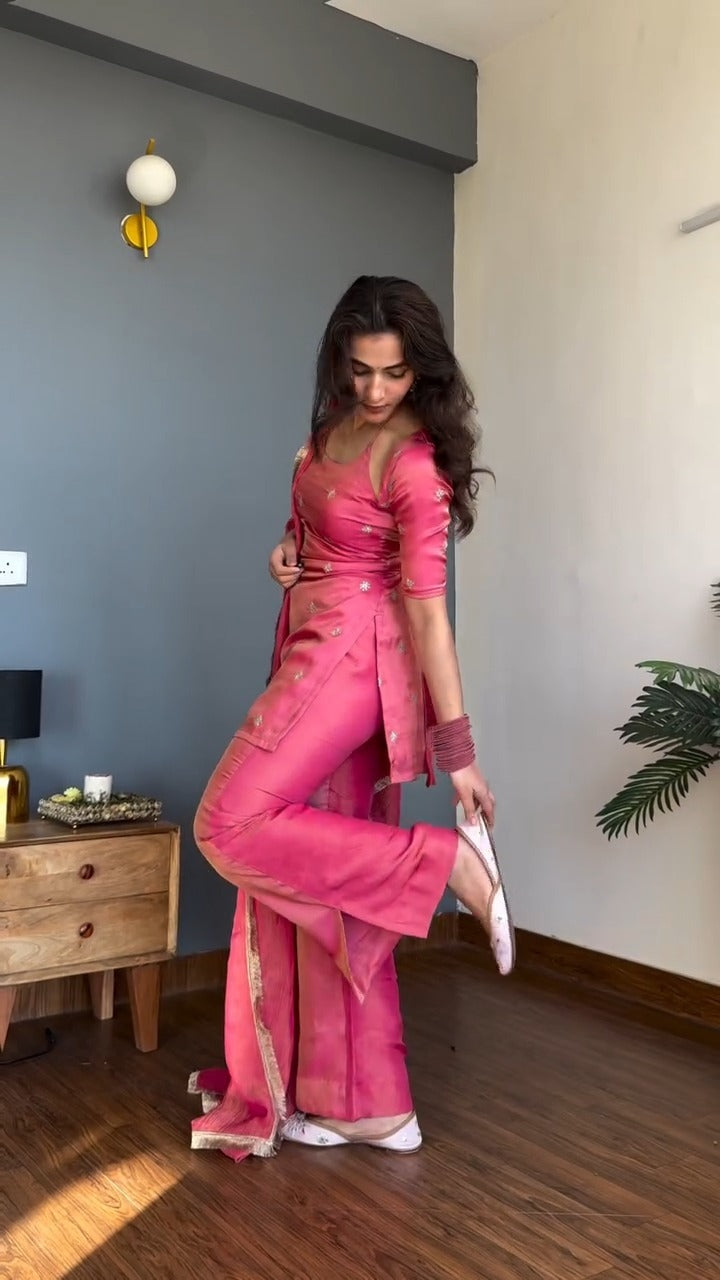 Women's Kurta Pant Set in Pink Pure Vichitra Silk with Sequin Embroidery and Chinon Lace Dupatta - Festive Wear