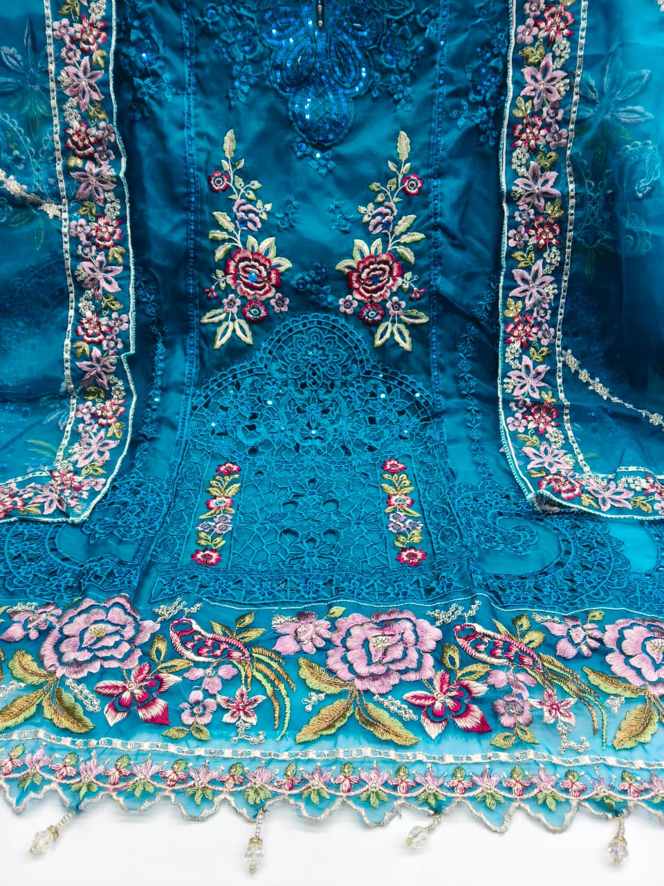 Women's Semi-Stitched Salwar Suit Catalog Set in Assorted Colors Organza with Heavy Embroidery and Cutwork