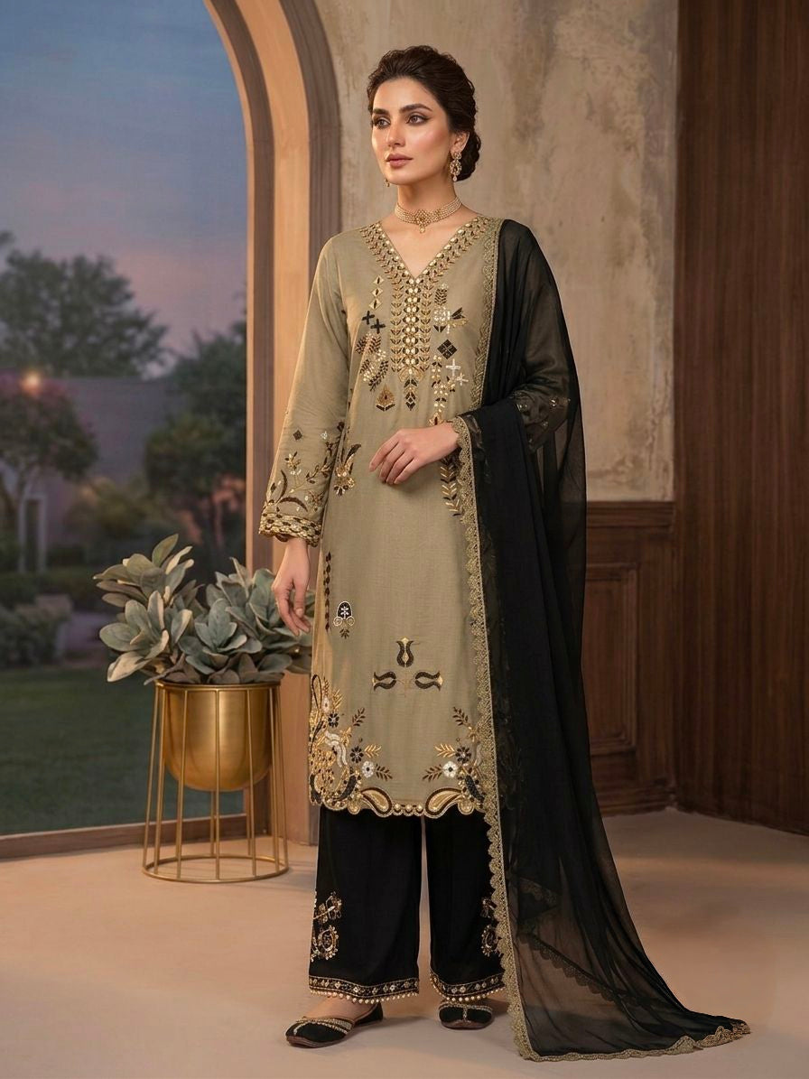 Women's Pakistani Palazzo Suit Set in Olive Green Roman Fabric with Embroidery