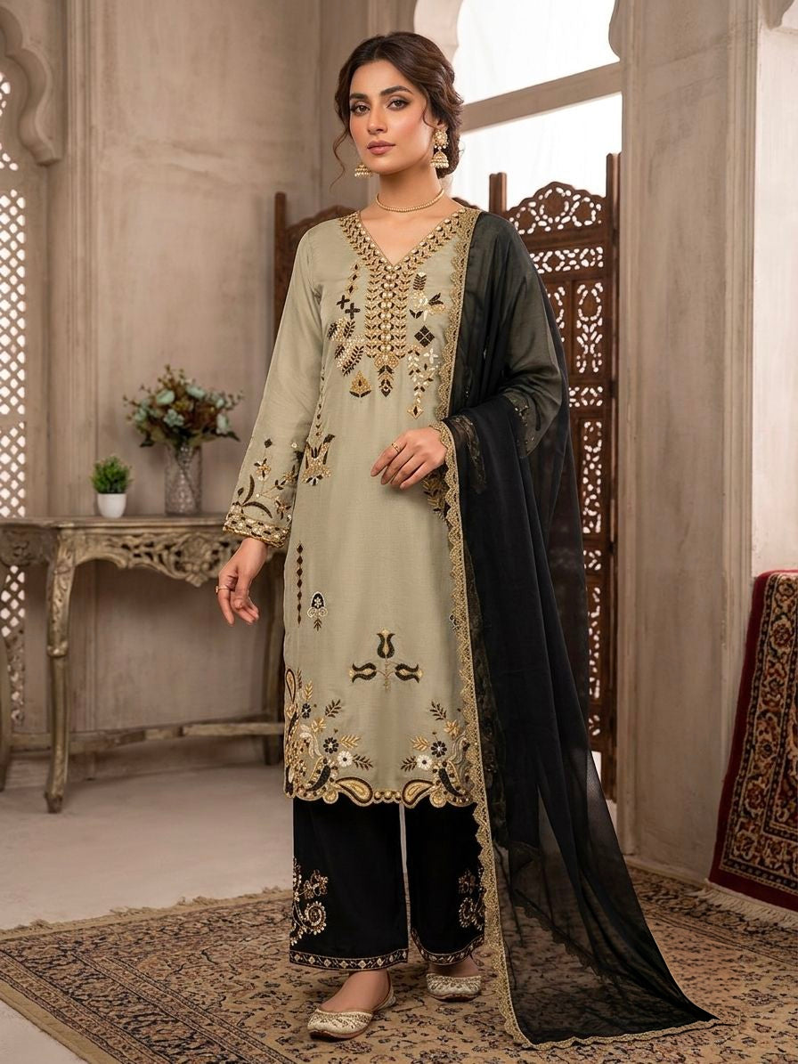 Women's Pakistani Palazzo Suit Set in Olive Green Roman Fabric with Embroidery