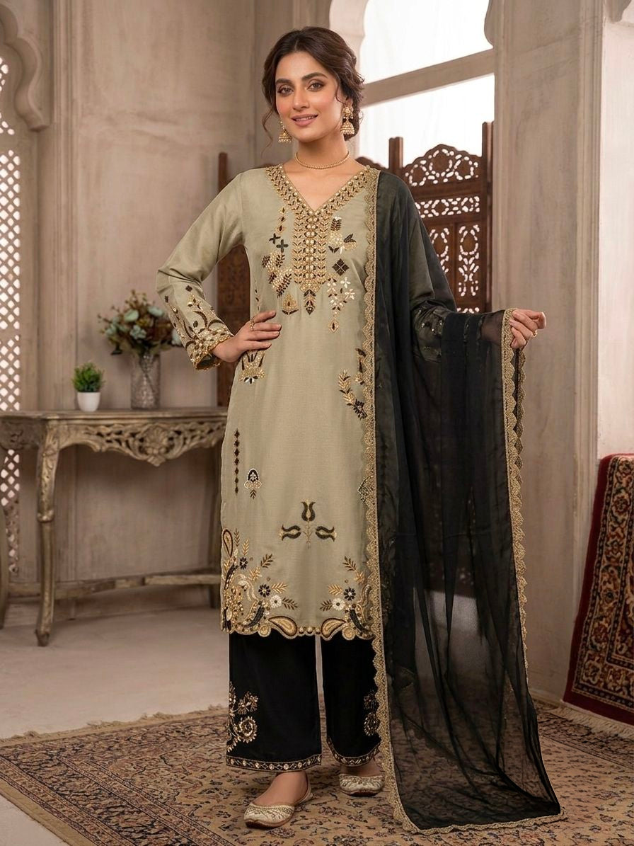 Women's Pakistani Palazzo Suit Set in Olive Green Roman Fabric with Embroidery