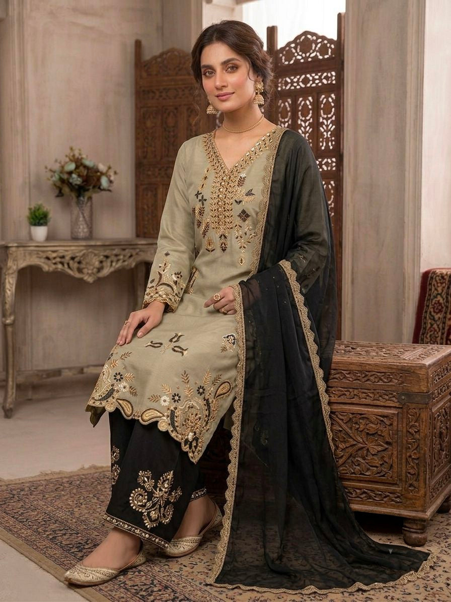 Women's Pakistani Palazzo Suit Set in Olive Green Roman Fabric with Embroidery