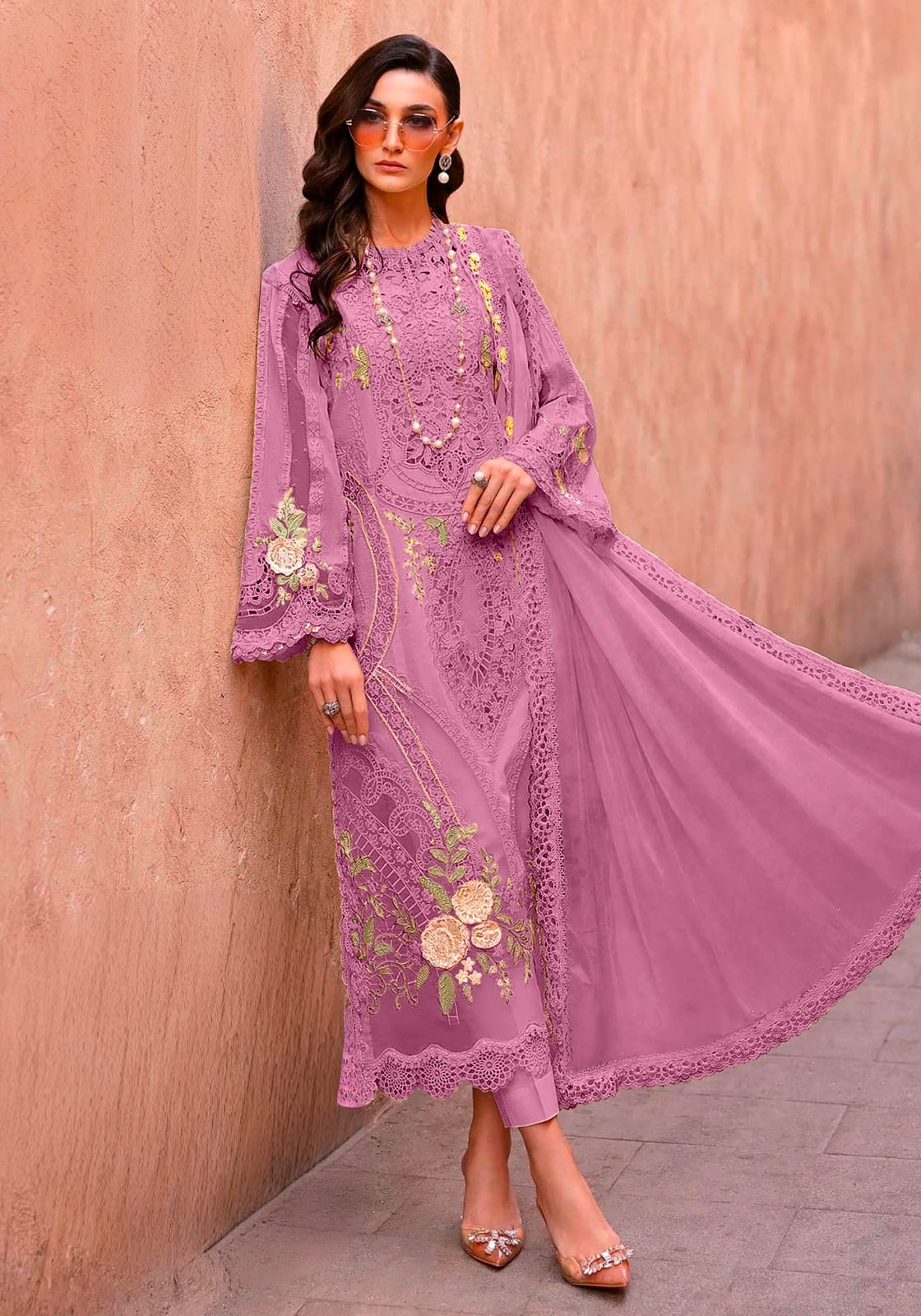 Women's Semi-Stitched Chiffon Suit Catalog Set in Assorted Colors with Embroidery, Purl Moti Work and Cutwork