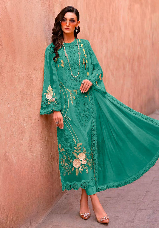 Women's Semi-Stitched Chiffon Suit Catalog Set in Assorted Colors with Embroidery, Purl Moti Work and Cutwork