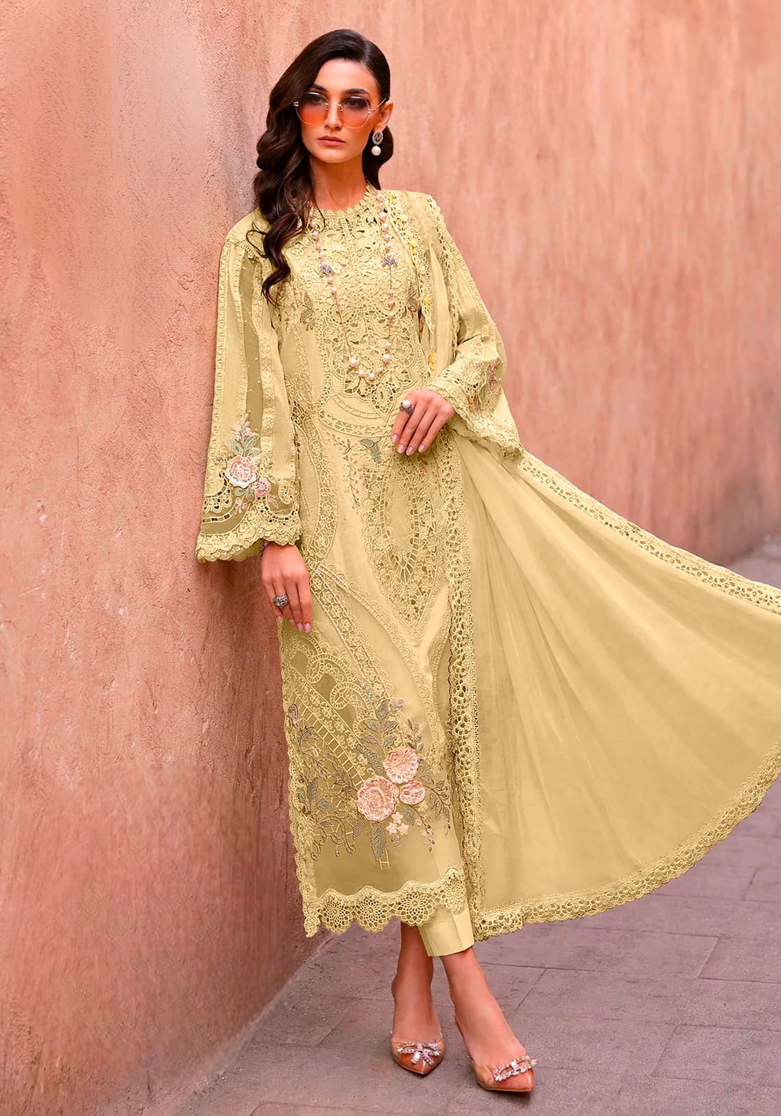 Women's Semi-Stitched Chiffon Suit Catalog Set in Assorted Colors with Embroidery, Purl Moti Work and Cutwork