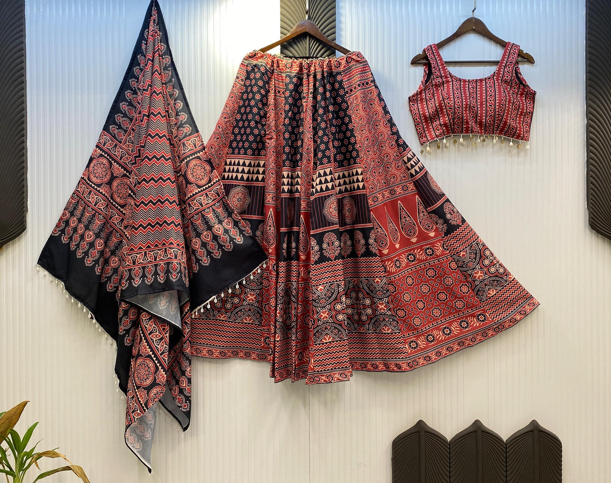 Women's Navratri Lehenga Choli in Black and Maroon Rayon with Printed Work and Kodi Lace