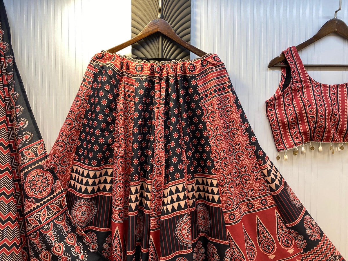 Women's Navratri Lehenga Choli in Black and Maroon Rayon with Printed Work and Kodi Lace