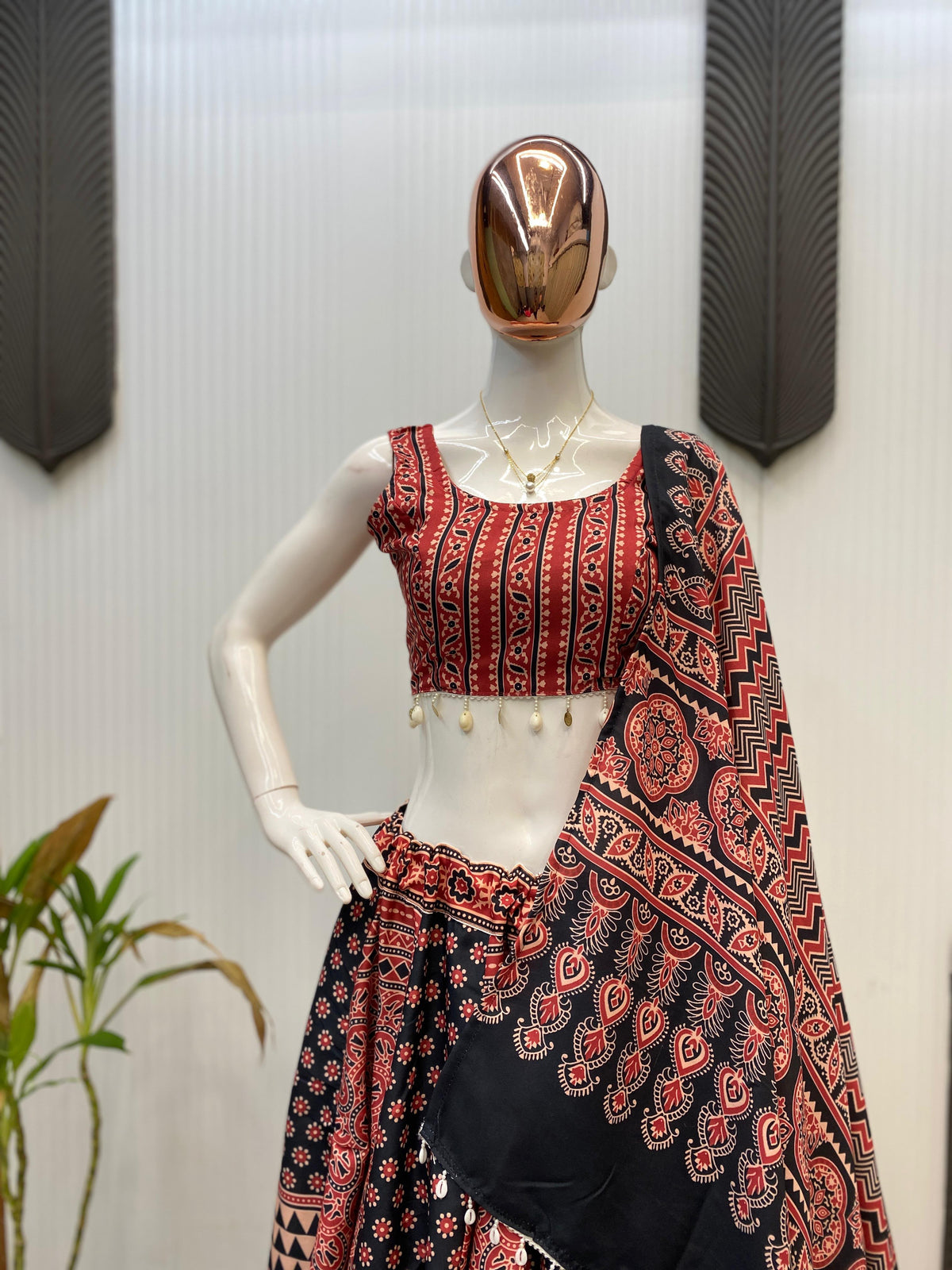 Women's Navratri Lehenga Choli in Black and Maroon Rayon with Printed Work and Kodi Lace