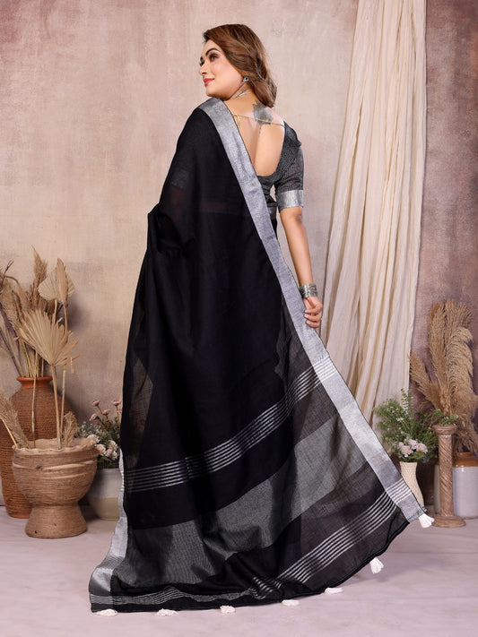 Women's Linen Saree Catalog Set in Assorted Colors with Silver Zari Border