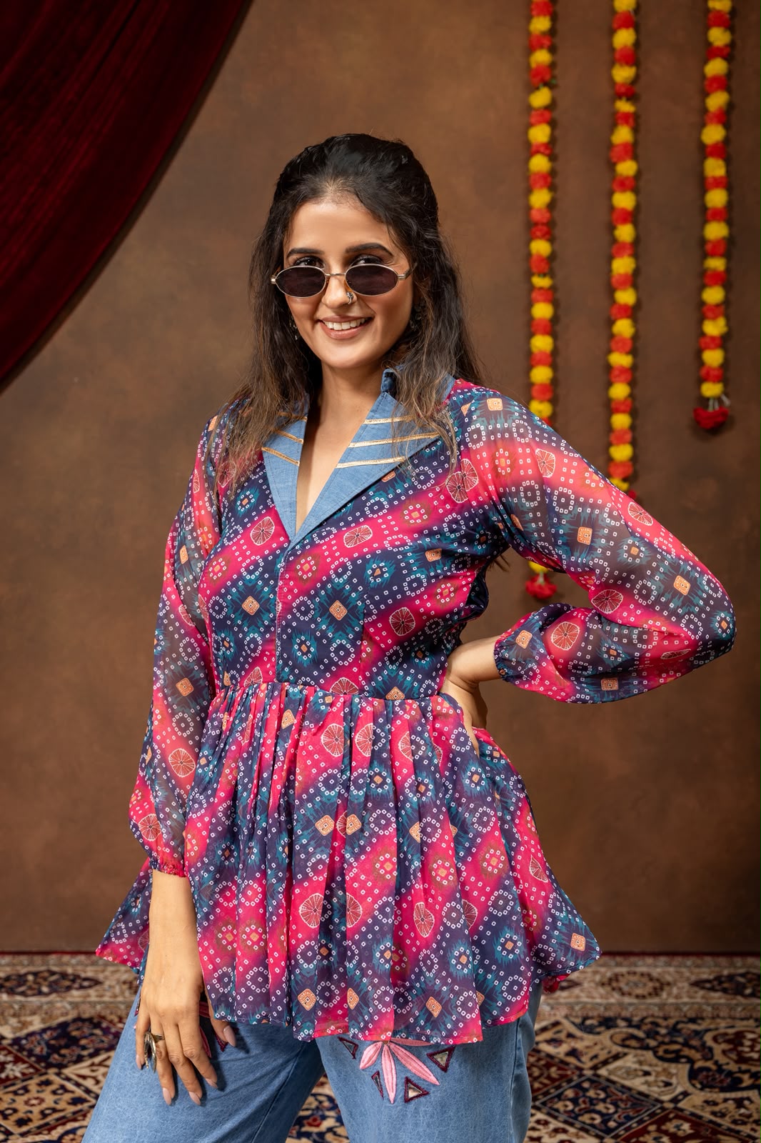 Women's Navratri Kediya Top and Denim Jeans Set in Magenta and Blue Faux Georgette with Mirror Embroidery