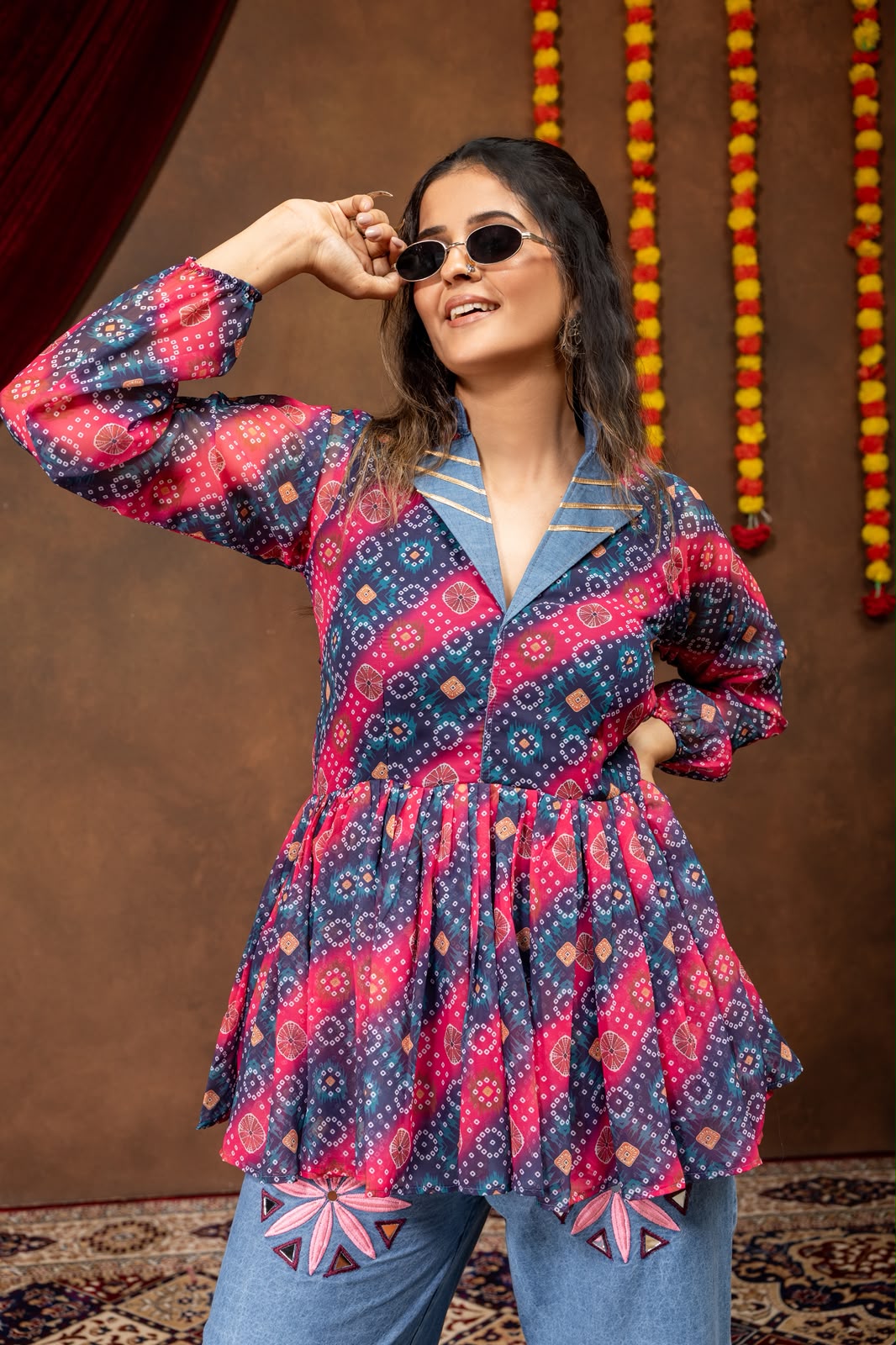 Women's Navratri Kediya Top and Denim Jeans Set in Magenta and Blue Faux Georgette with Mirror Embroidery