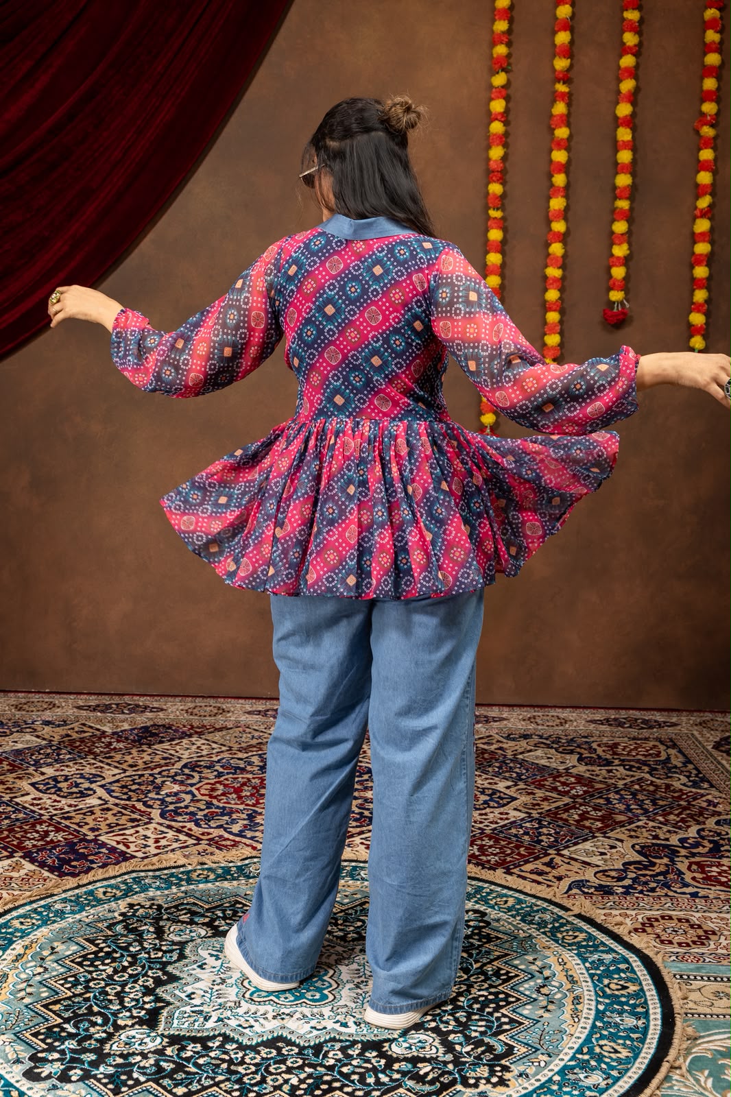 Women's Navratri Kediya Top and Denim Jeans Set in Magenta and Blue Faux Georgette with Mirror Embroidery